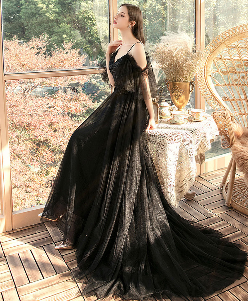 shopluu Black V Neck Tulle Lace Long Prom Dress Black Evening Dress US 16 / Custom Color