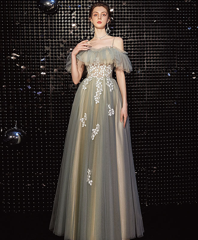 Light Green Tulle Lace Long Prom Dress Green Evening Dress