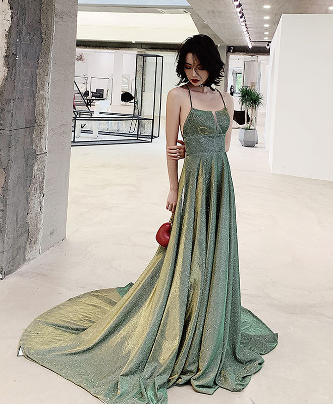 A-Line Backless Green Long Prom Dress, Green Long Evening Dress