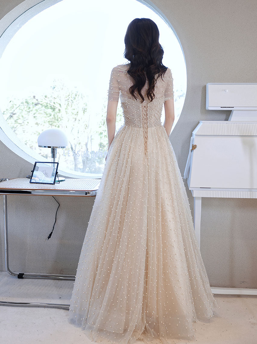Champagne Tulle Beads Long Prom Dress Champagne Formal Dress