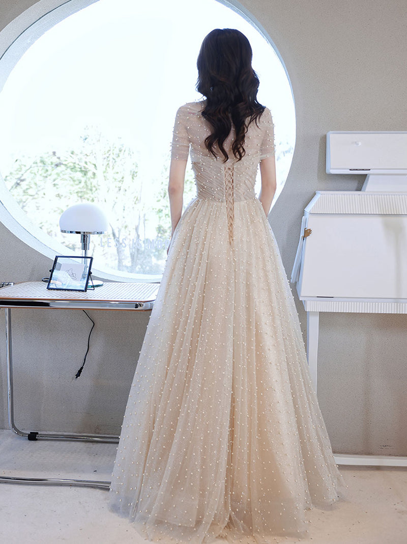 Champagne Tulle Beads Long Prom Dress Champagne Formal Dress US 10 / Custom Color Champagne Tulle Beads Long Prom Dress Champagne Formal Dress US 10 / Custom Color