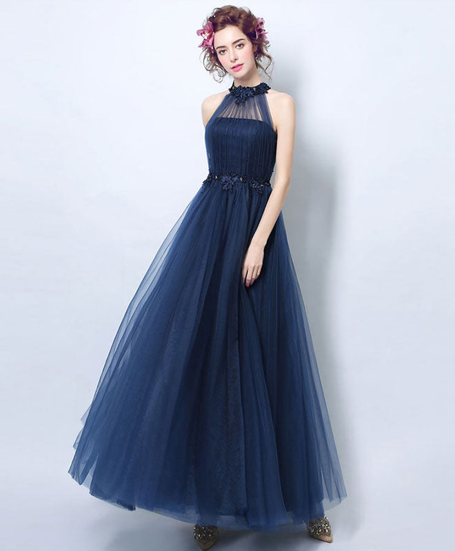 Simple Blue Tulle Tea Long Prom Dress, Blue Evening Dress
