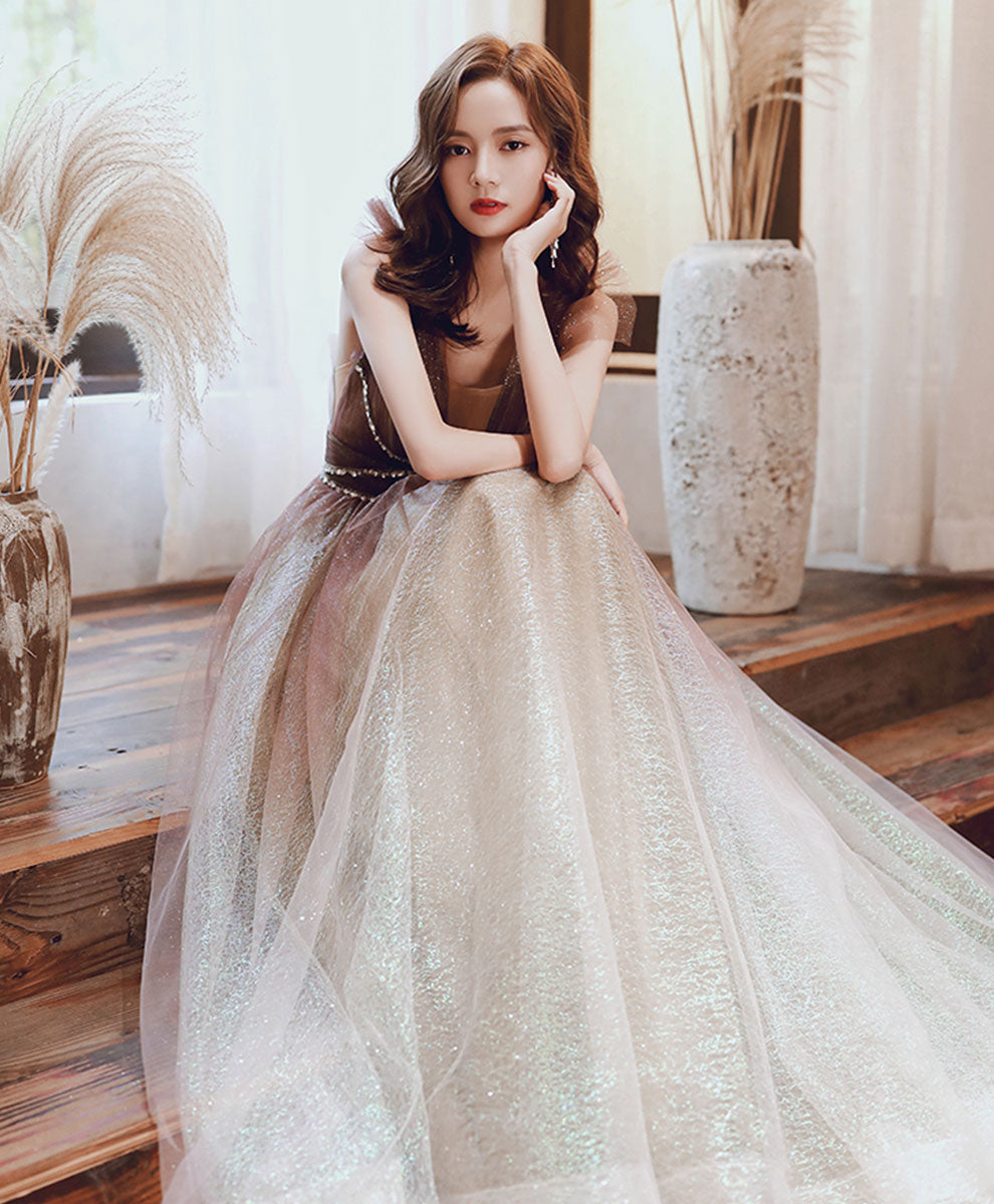 Cute A-Line Tulle Sequin Long Prom Dress Tulle Formal Dress