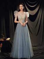 Gray Blue V Neck Tulle Sequin Long Prom Dress, Gray Blue Evening Dress