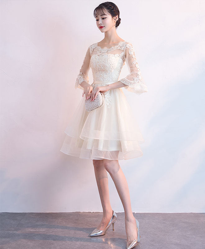 Champagne Tulle Lace Short Prom Dress, Champagne Homecoming Dress