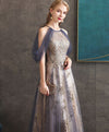 Gray Blue High Neck Tulle Lace Long Prom Dress Gray Tulle Formal Dress