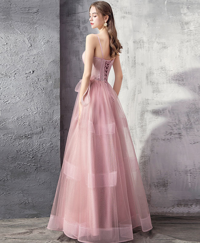 Pink Tulle Lace Long Prom Dress, Pink Evening Graduation Dress
