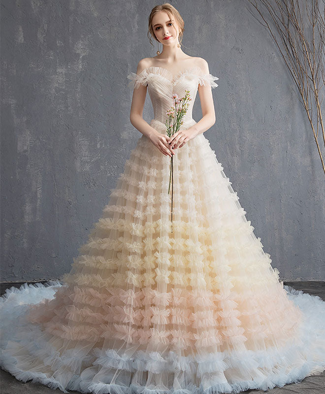 Champagne Sweetheart Tulle Long Prom Dress, Champagne Evening Dress
