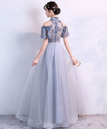 Unique Gray Tulle Applique Long Prom Dress, Gray Tulle Evening Dress