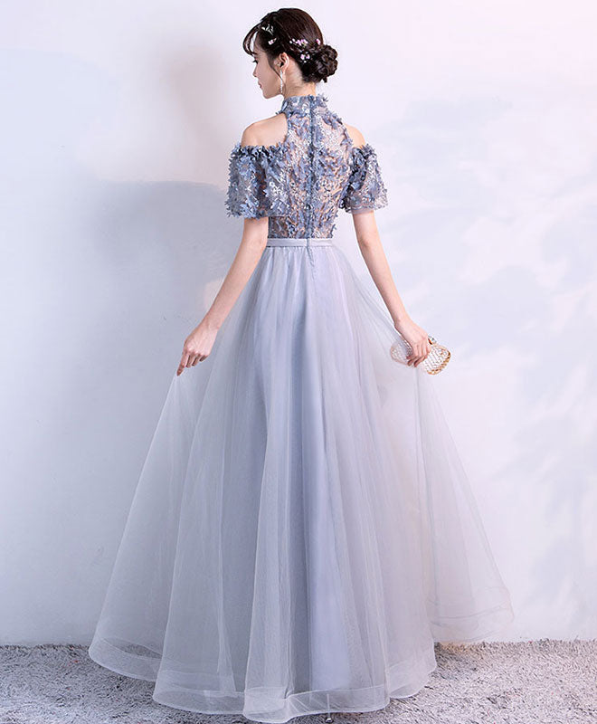 Unique Gray Tulle Applique Long Prom Dress, Gray Tulle Evening Dress