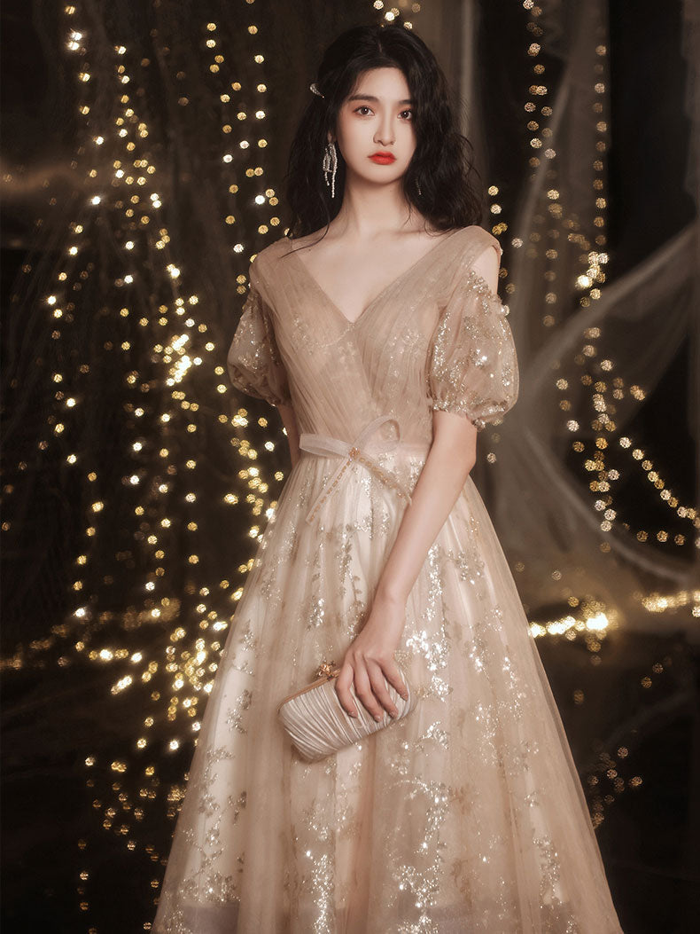 Champagne V Neck Tulle Lace Short Prom Dress, Champagne Homecoming Dress US 10 / Champagne Champagne V Neck Tulle Lace Short Prom Dress, Champagne Homecoming Dress US 10 / Champagne