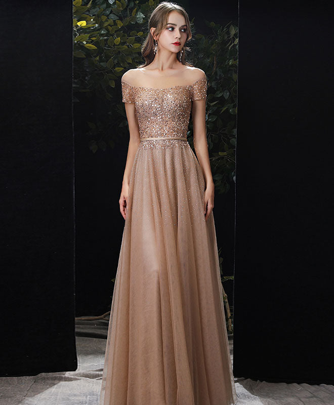 Champagne Tulle Sequin Long Prom Dress, Champagne Tulle Formal Graduation Dress