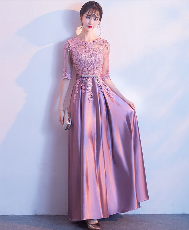Pink A-Line Lace Long Prom Dress Pink Lace Bridesmaid Dress