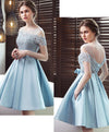 Satin Scoop Neck Lace Blue Short Prom Dresses, Blue Homecoming Dresses