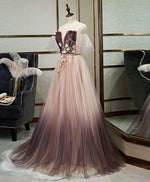 Unique Tulle Round Neck Lace Long Prom Dress Tulle Evening Dress