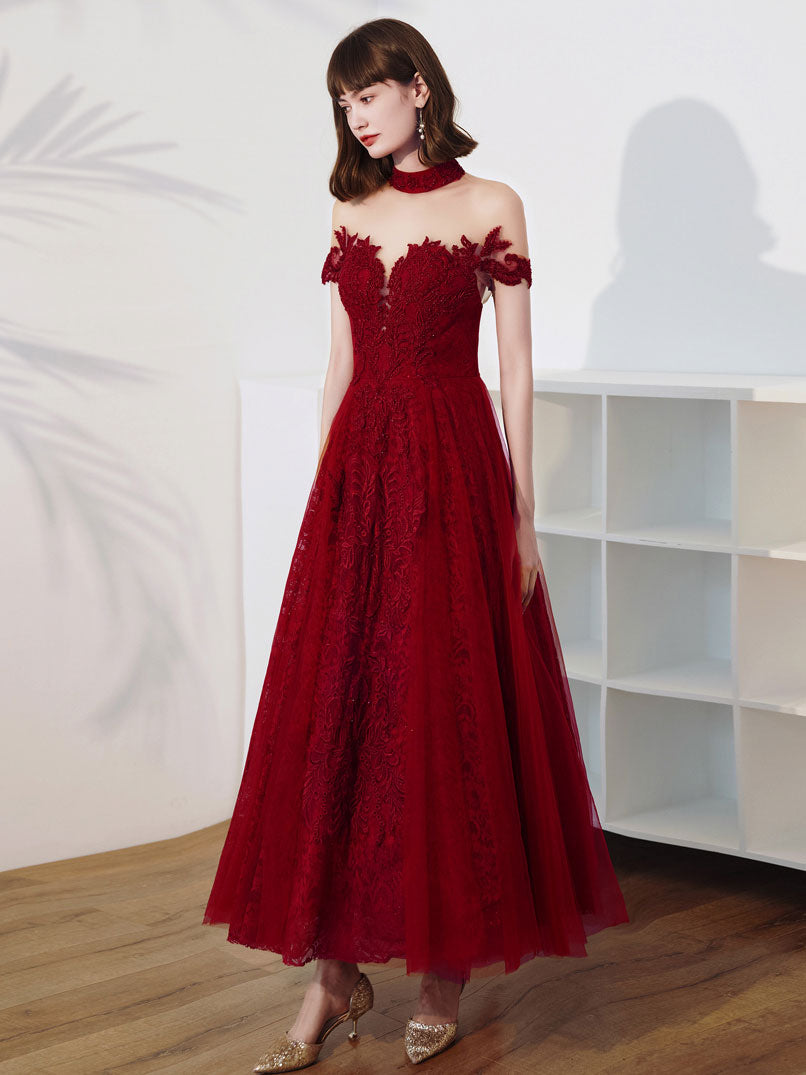 Burgundy Tulle Lace Tea Length Prom Dress, Burgundy Evening Dress – shopluu