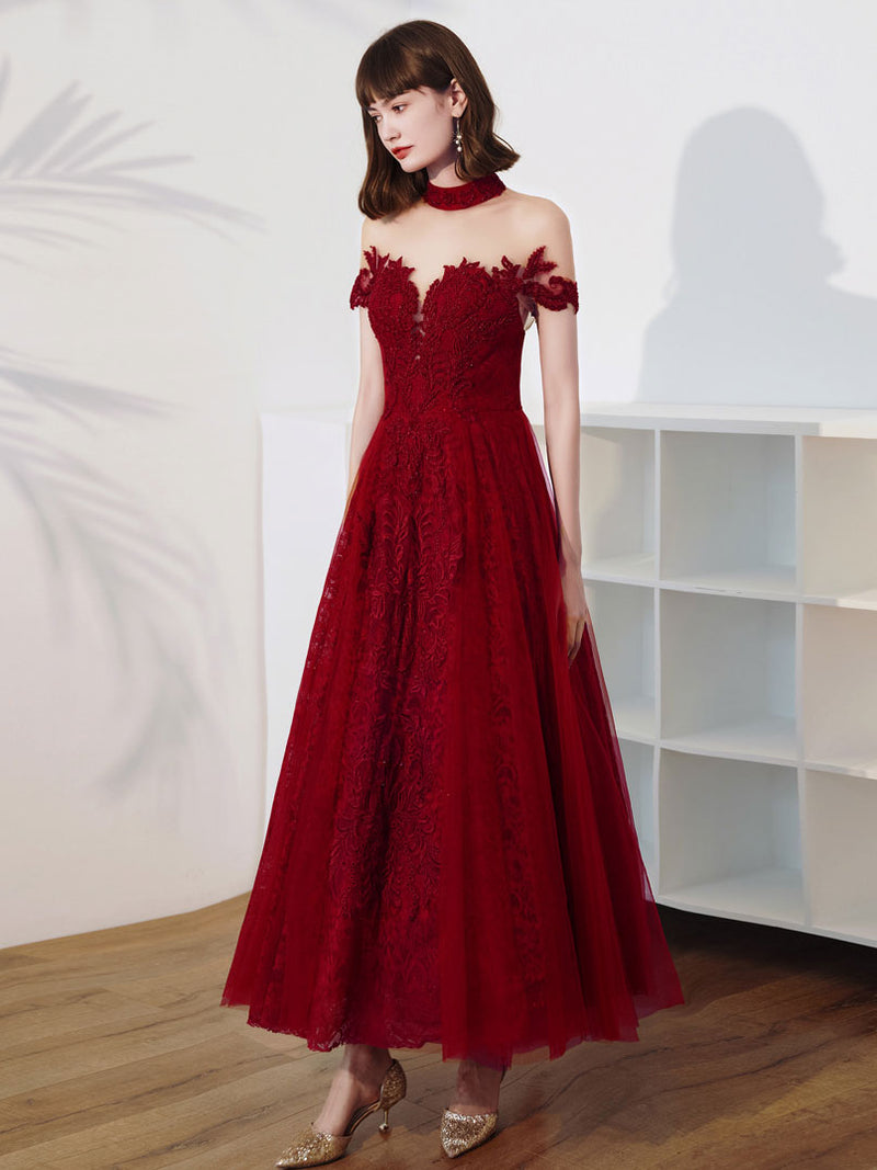 Burgundy Tulle Lace Tea Length Prom Dress, Burgundy Evening Dress