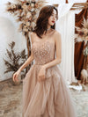 A-line Champagne Tulle Lace Long Prom Dress Lace Evening Dress