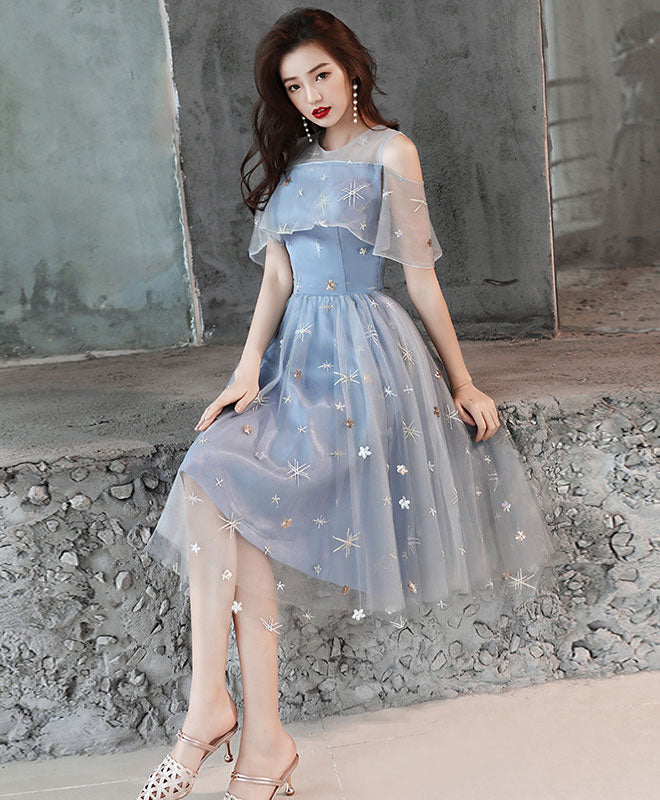 Gray Blue Tulle Lace Short Prom Dress, Gray Blue Homecoming Dress – shopluu