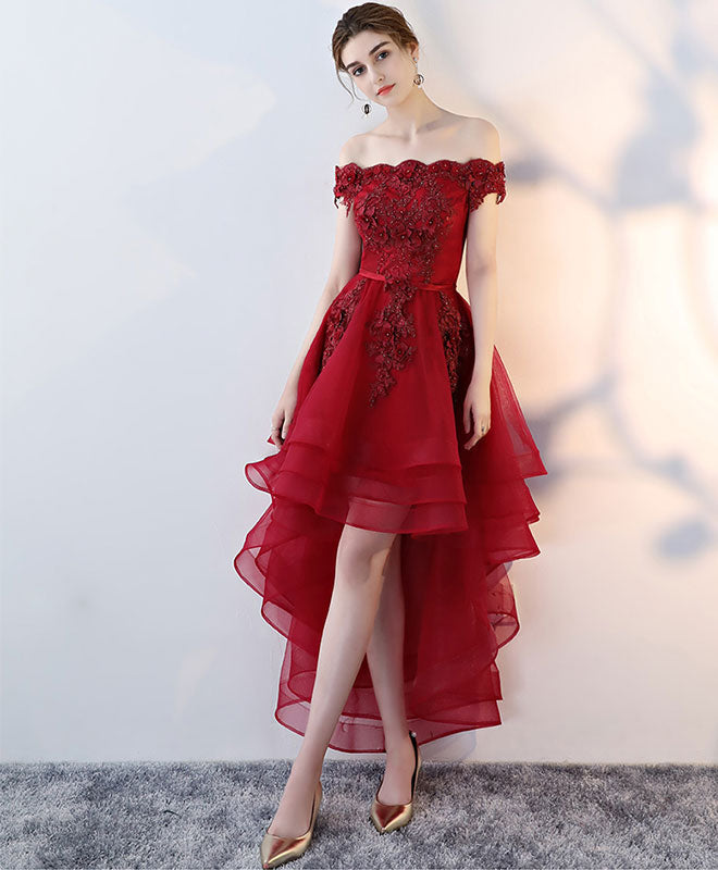Burgundy Tulle Lace Off Shoulder Prom Dress Tulle Homecoming Dress