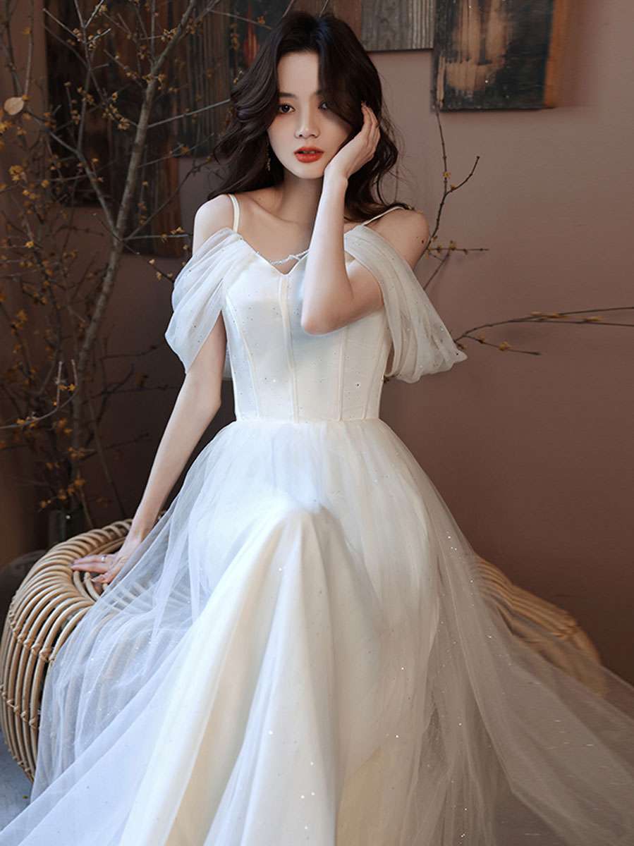 Simple White Off Shoulder Tulle Long Prom Dress, White Formal Dresses