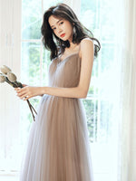 Simple Gray V Neck Tulle Long Prom Dress Gray Formal Dress