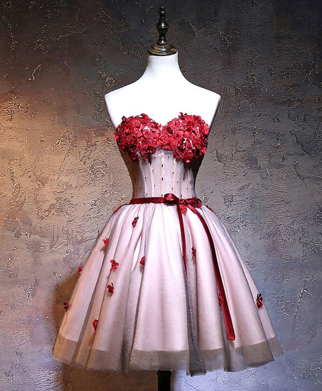 Burgundy Sweetheart Neck Lace Short Prom Dress, Burgundy Homecoming Dress