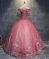 Pink Tulle Lace Off Shoulder Long Prom Dress Pink Tulle Evening Dress