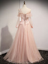 Pink Round Neck Tulle Lace Long Prom Dress, Pink Tulle Formal Dress