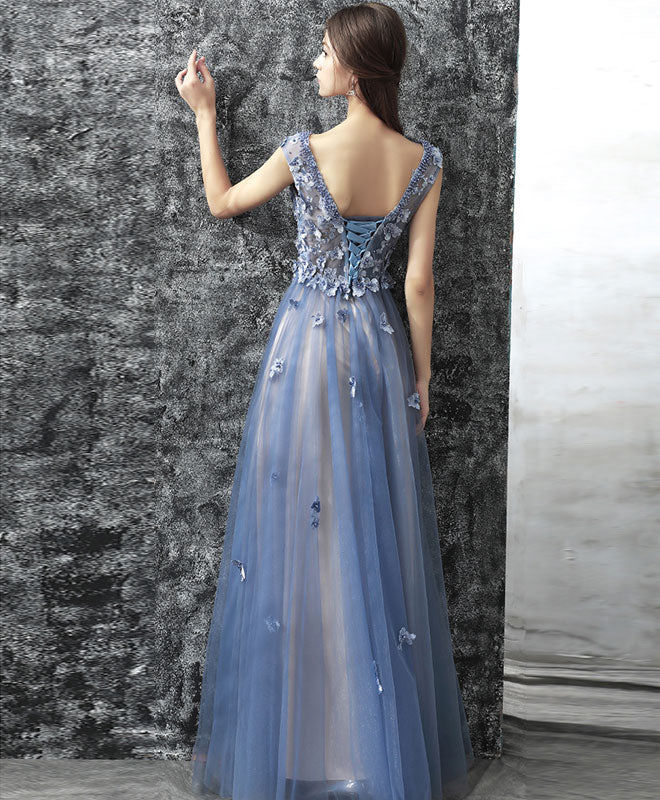 Blue Lace Applique Beads Tulle Long Prom Dress, Lace Evening Dress