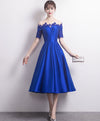 Blue Round Neck Satin Lace Prom Dress, Blue Bridesmaid Dress