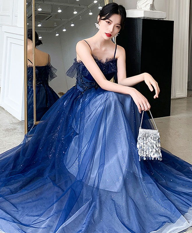 Blue Sweetheart Tulle Lace Long Prom Dress Blue Tulle Formal Dress