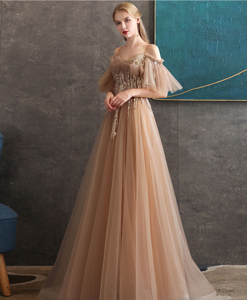 Champagne Tulle Lace Long Prom Dress Tulle Formal Dress