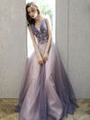 Purple V Neck Tulle Long Prom Dress, Purple Evening Dress