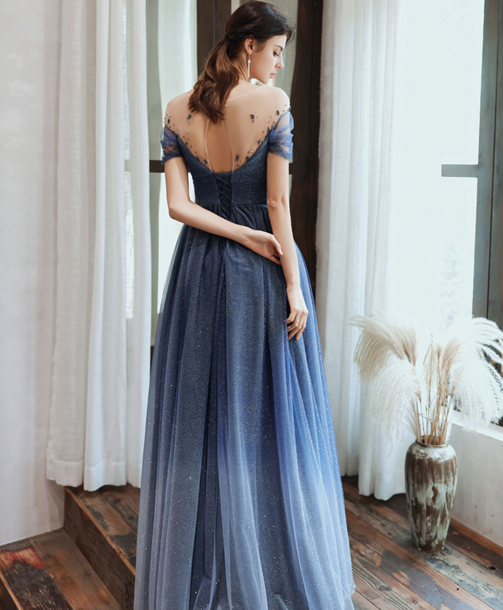 Blue Tulle Off Shoulder Sequin Long Prom Dress Blue Evening Dress