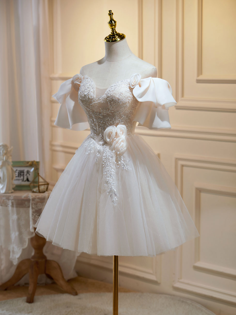 beige formal dresses short Mini/Short Prom Dresses, Beige Tulle Lace Homecoming COLOR:Ivory