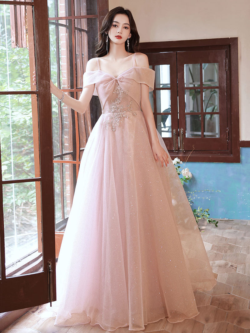 Pink Tulle Off Shoulder Lace Long Prom Dress, Pink Tulle Evening Dress