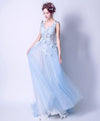 Blue V Neck Tulle Lace Long Prom Dress, Blue Evening Dress