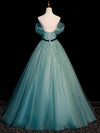 Green A line Tulle Sequin Long Prom Dress, Green Tulle Graduation Dress