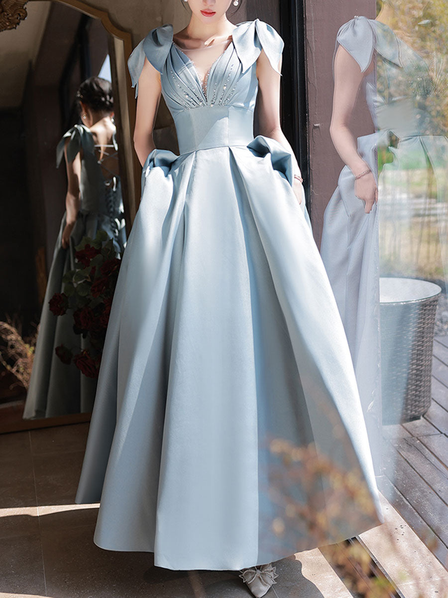 Blue V Neck Satin Long Prom Dress, Blue Satin Evening Dresses
