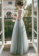 Gray Tulle Sequin Long Prom Dress, Tulle Formal Graduation Dress with Beading