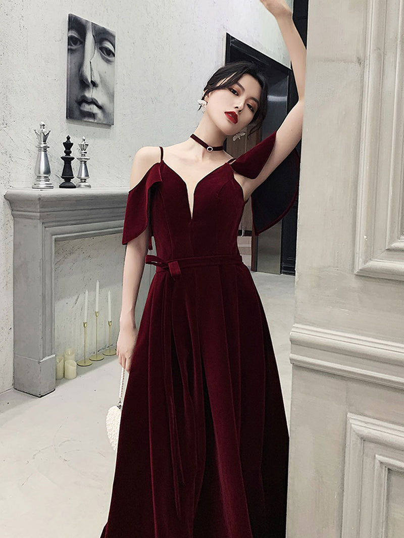 Burgundy Off Shoulder Velvet Long Prom Dress, Burgundy Formal Evening shopluu Burgundy Off Shoulder Velvet Long Prom Dress, Burgundy Formal Evening shopluu