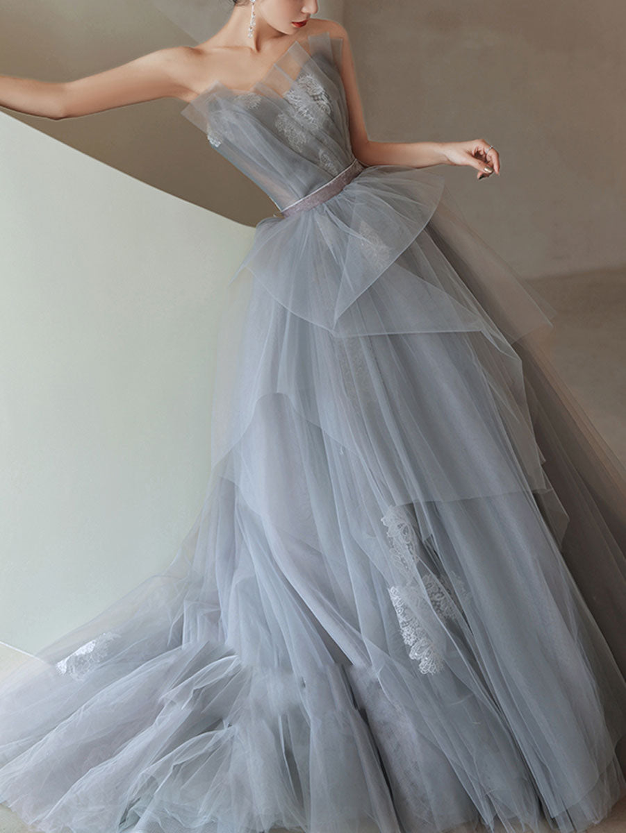Gray Tulle Lace Long Prom Dress, Tulle Lace Evening Dress