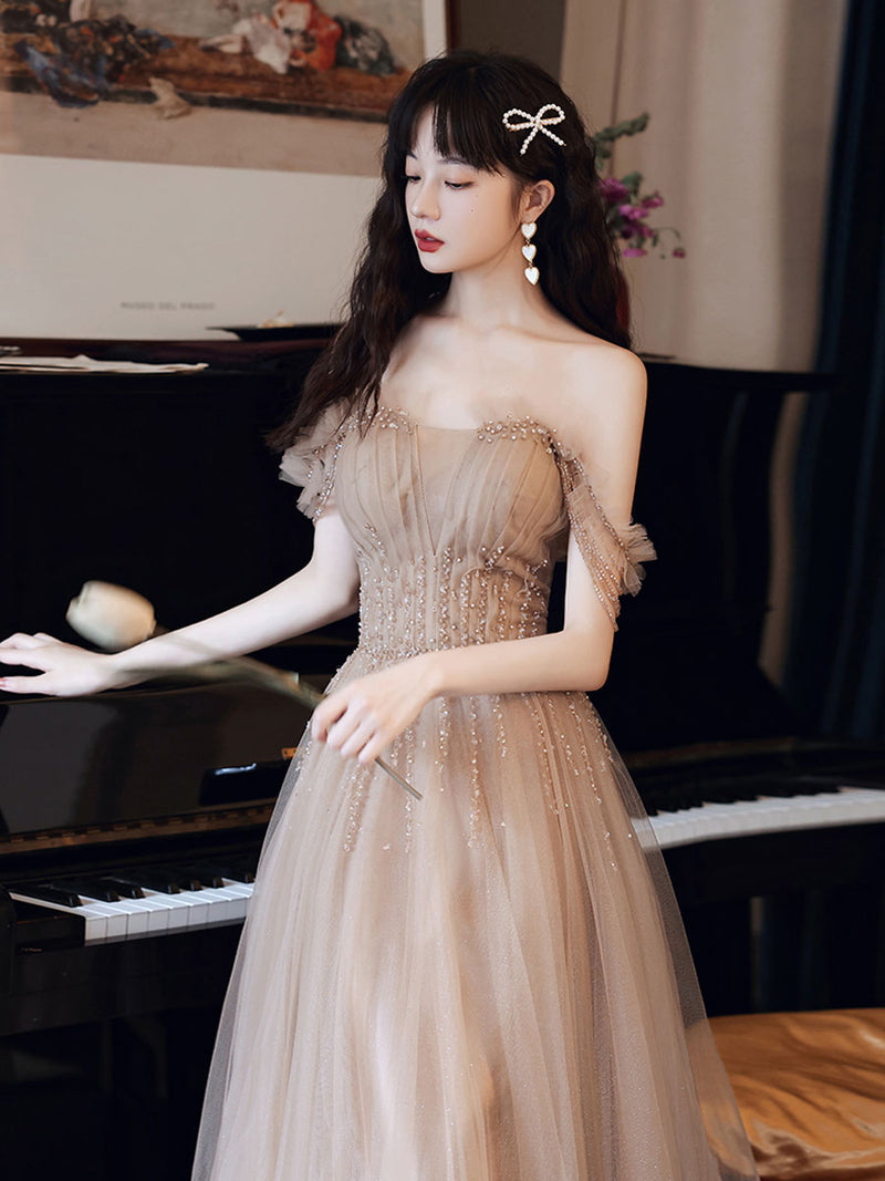 Champagne A line Tulle Beads Long Prom Dress, Champagne Evening Dresse – shopluu
