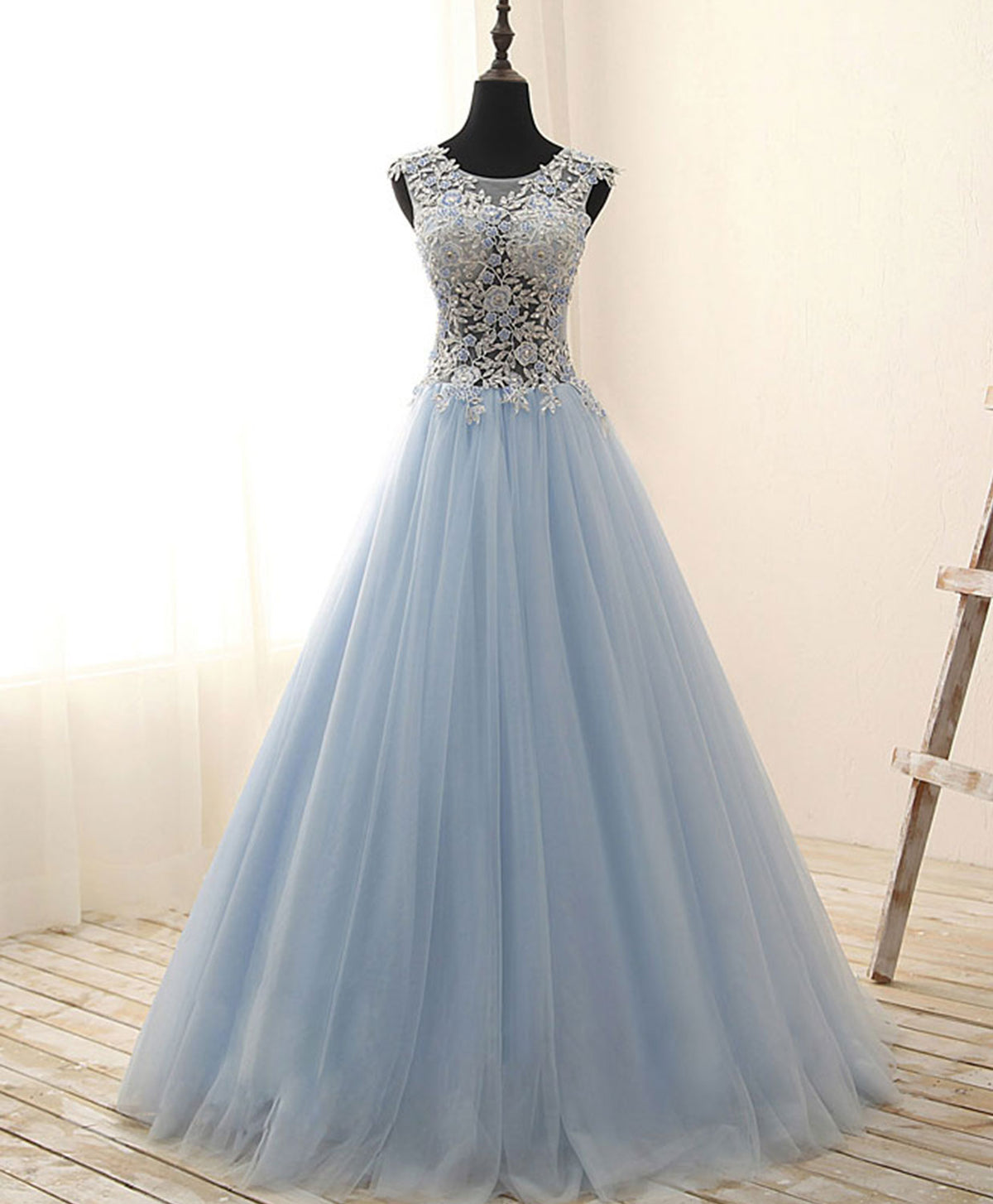 A-Line Round Neck Tulle Lace Long Prom Dress, Long Evening Dress
