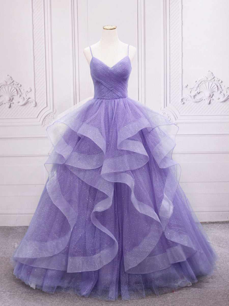 Purple v neck Tulle Long Prom Dress, Purple Sweet 16 Dress – shopluu