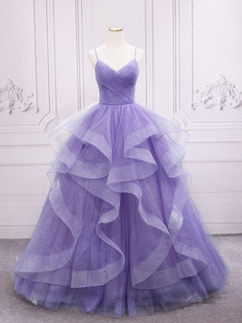 Purple v neck Tulle Long Prom Dress, Purple Sweet 16 Dress