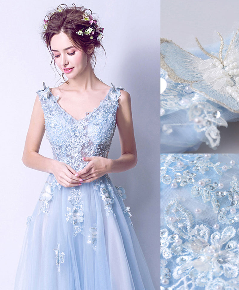 Blue V Neck Lace Tulle Long Prom Dress, Lace Evening Dress