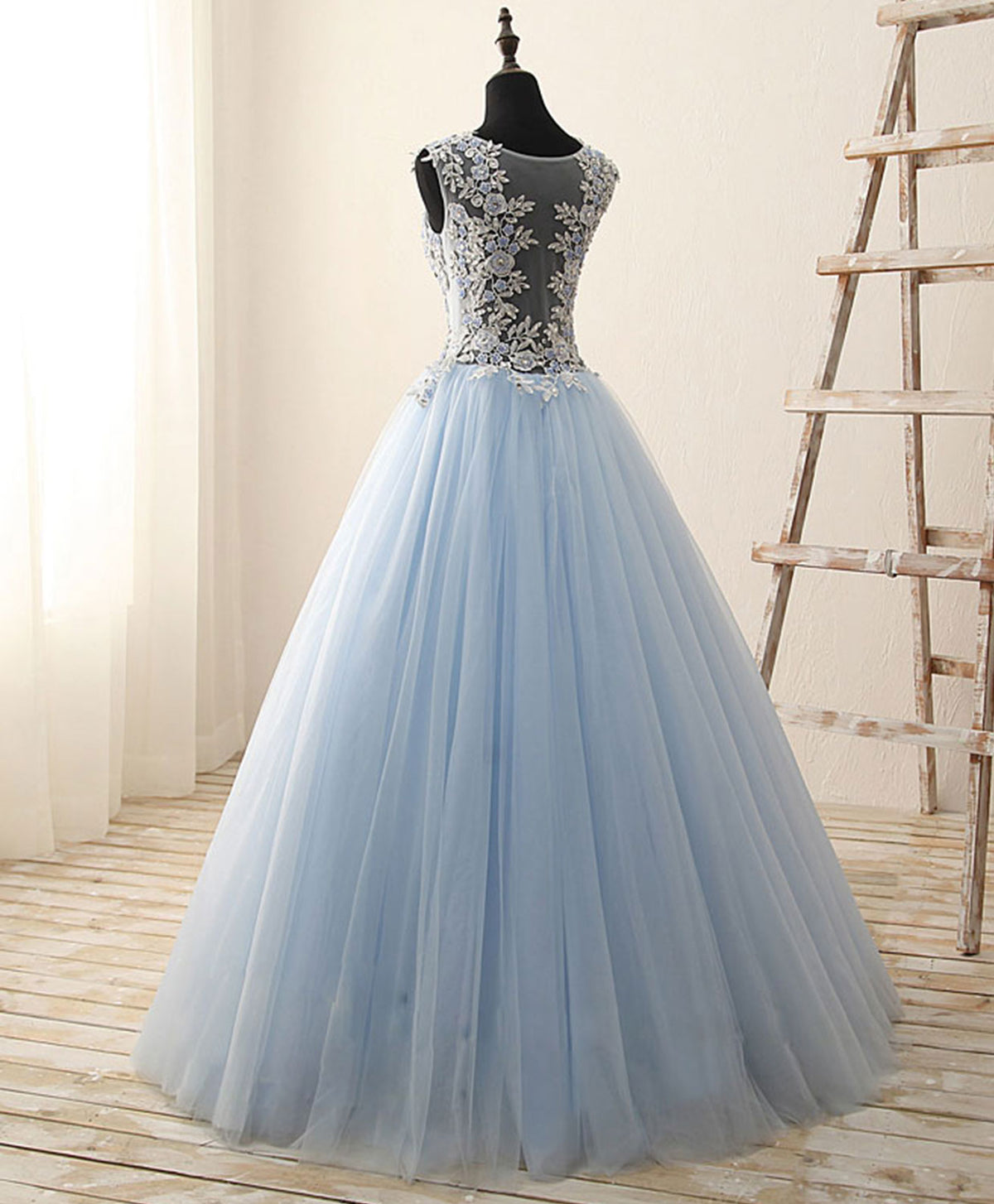 A-Line Round Neck Tulle Lace Long Prom Dress, Long Evening Dress