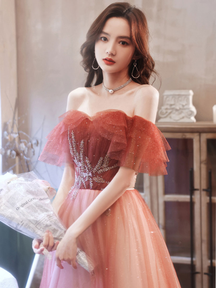 Burgundy A line Tulle Beads Long Prom Dress, Burgundy Formal Evening Dresses